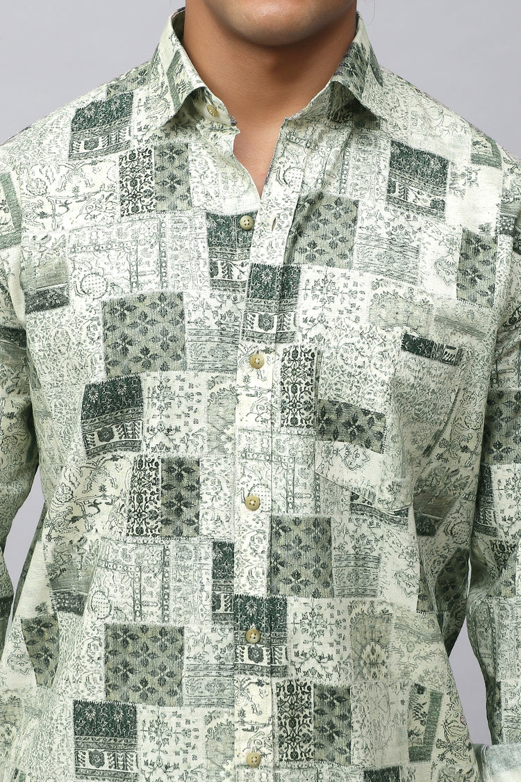 Bluebird Men's Linen Green Printed Shirt