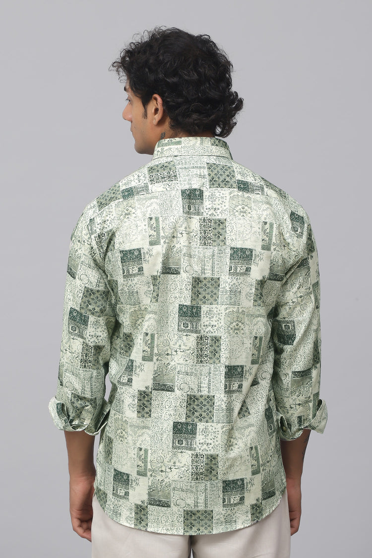 Bluebird Men's Linen Green Printed Shirt