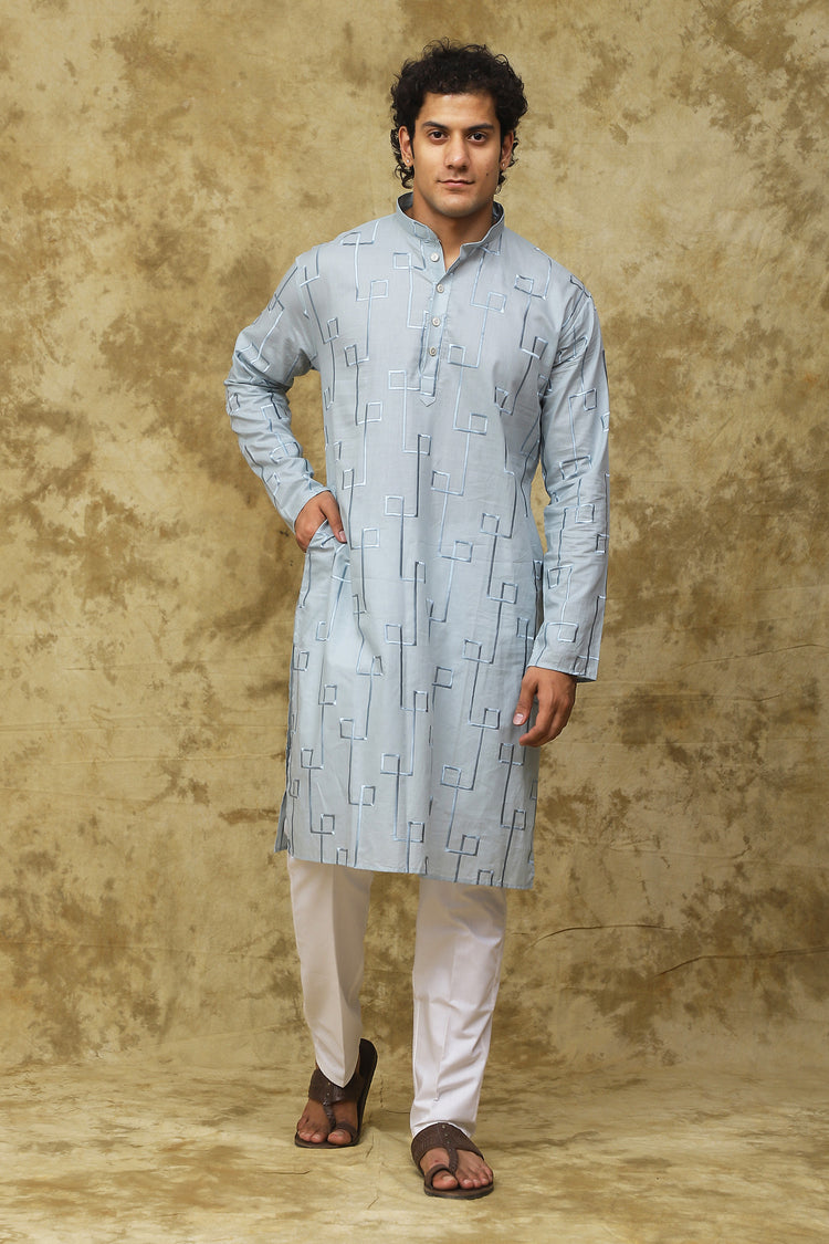 Bluesaanchi Men's Cotton Zari Embroidered Kurta Set - Sky Blue