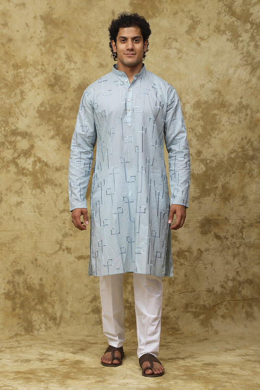 Bluesaanchi Men's Cotton Zari Embroidered Kurta Set - Sky Blue