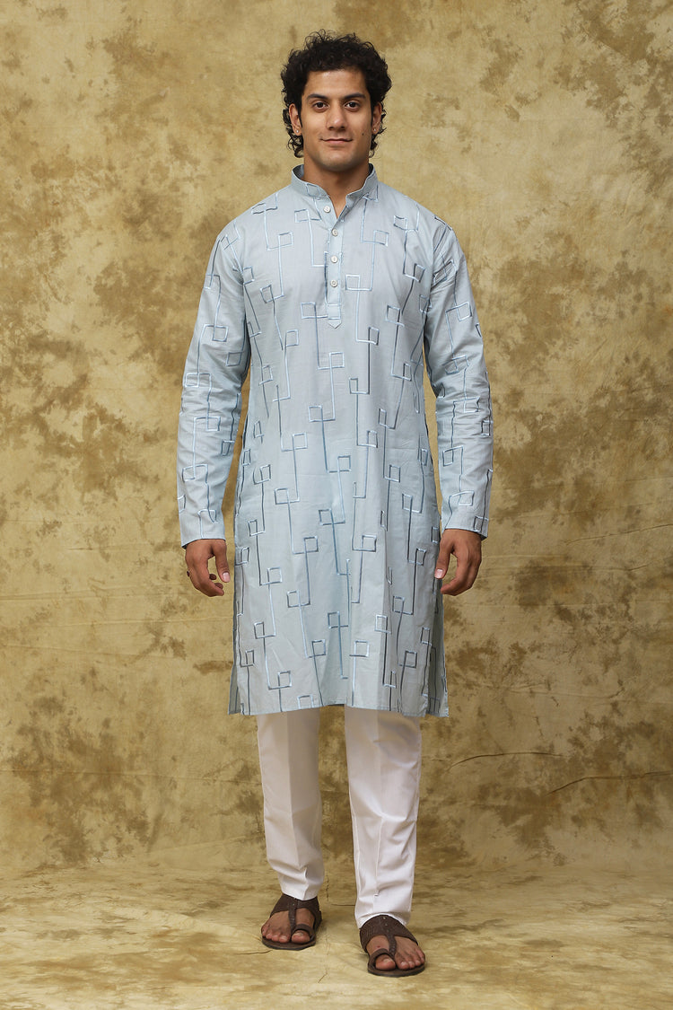 Bluesaanchi Men's Cotton Zari Embroidered Kurta Set - Sky Blue