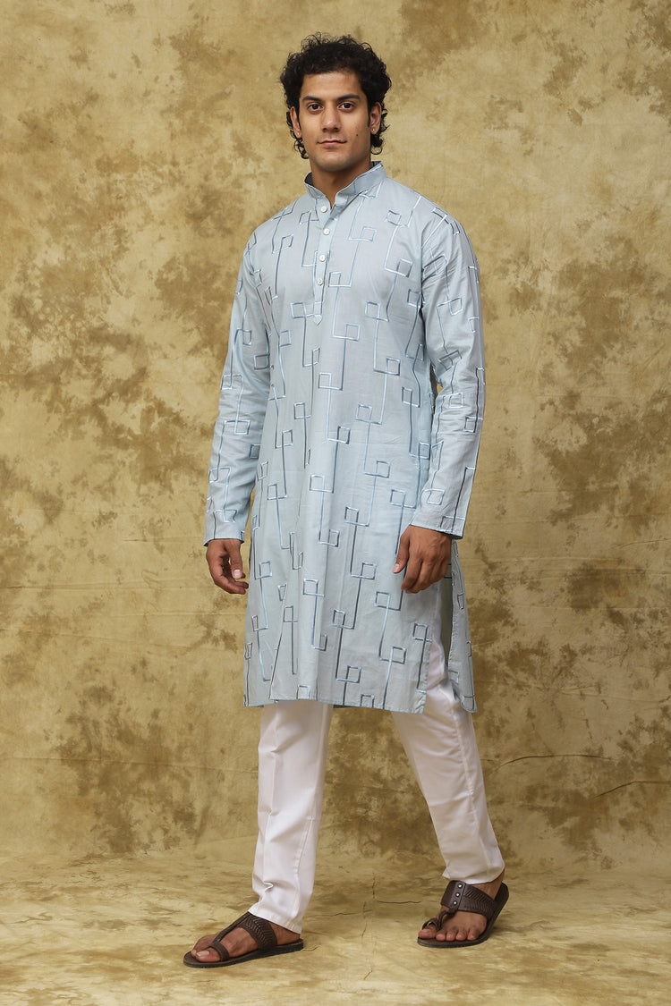 Bluesaanchi Men's Cotton Zari Embroidered Kurta Set - Sky Blue