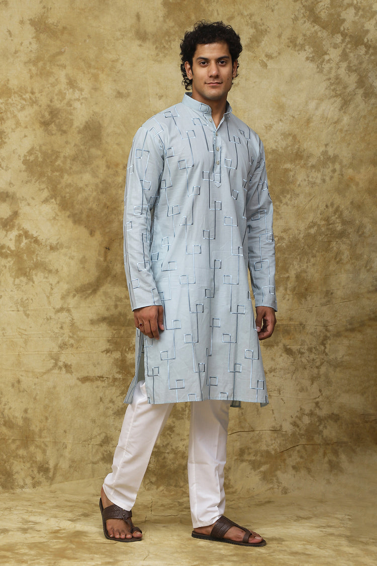 Bluesaanchi Men's Cotton Zari Embroidered Kurta Set - Sky Blue