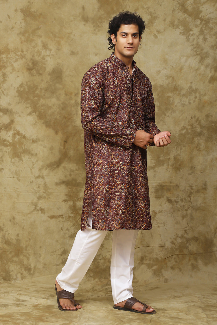 Bluesaanchi Men's Chikankari Embroidered Kurta Set - Brown
