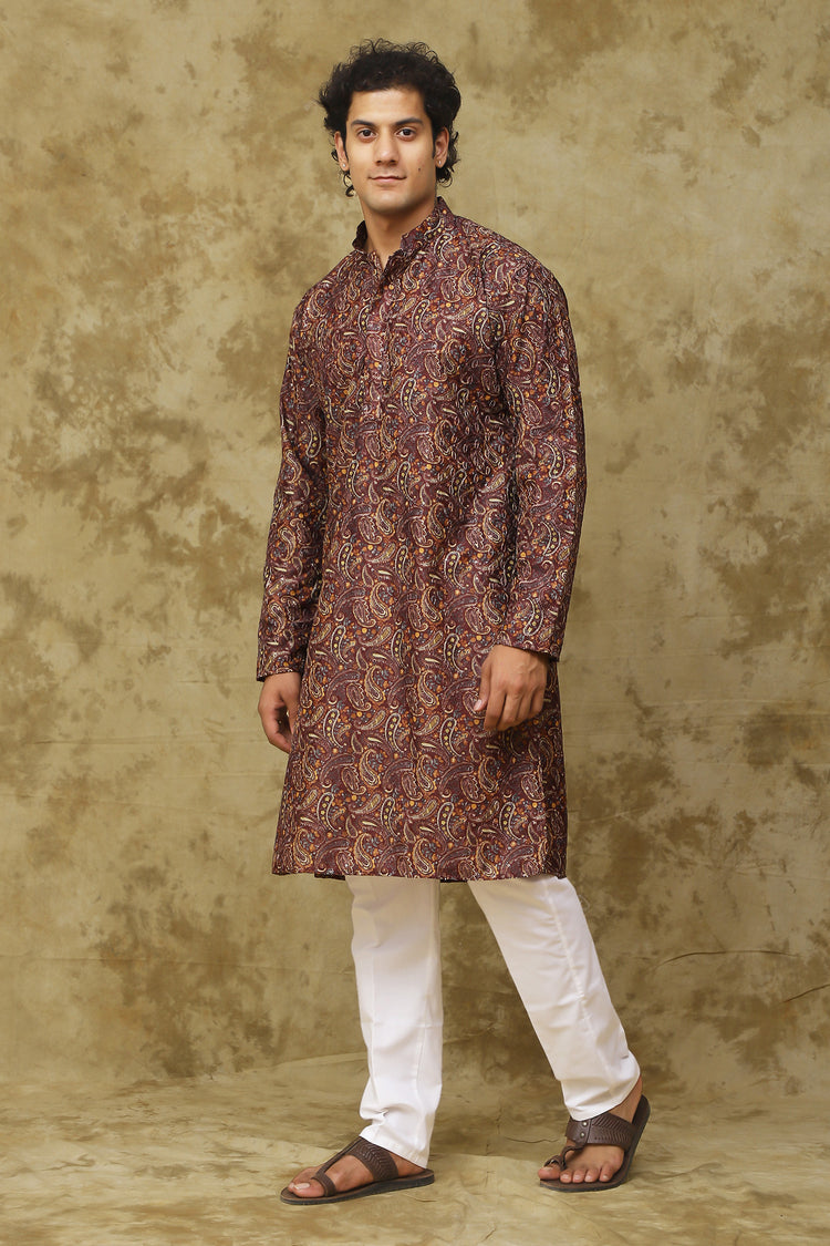 Bluesaanchi Men's Chikankari Embroidered Kurta Set - Brown