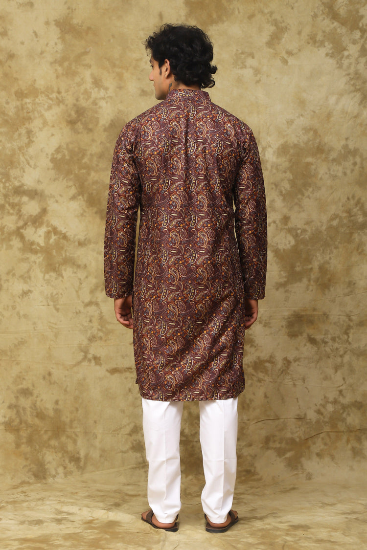 Bluesaanchi Men's Chikankari Embroidered Kurta Set - Brown