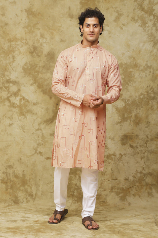 Bluesaanchi Men's Cotton Zari Embroidered Kurta Set - Peach Cream