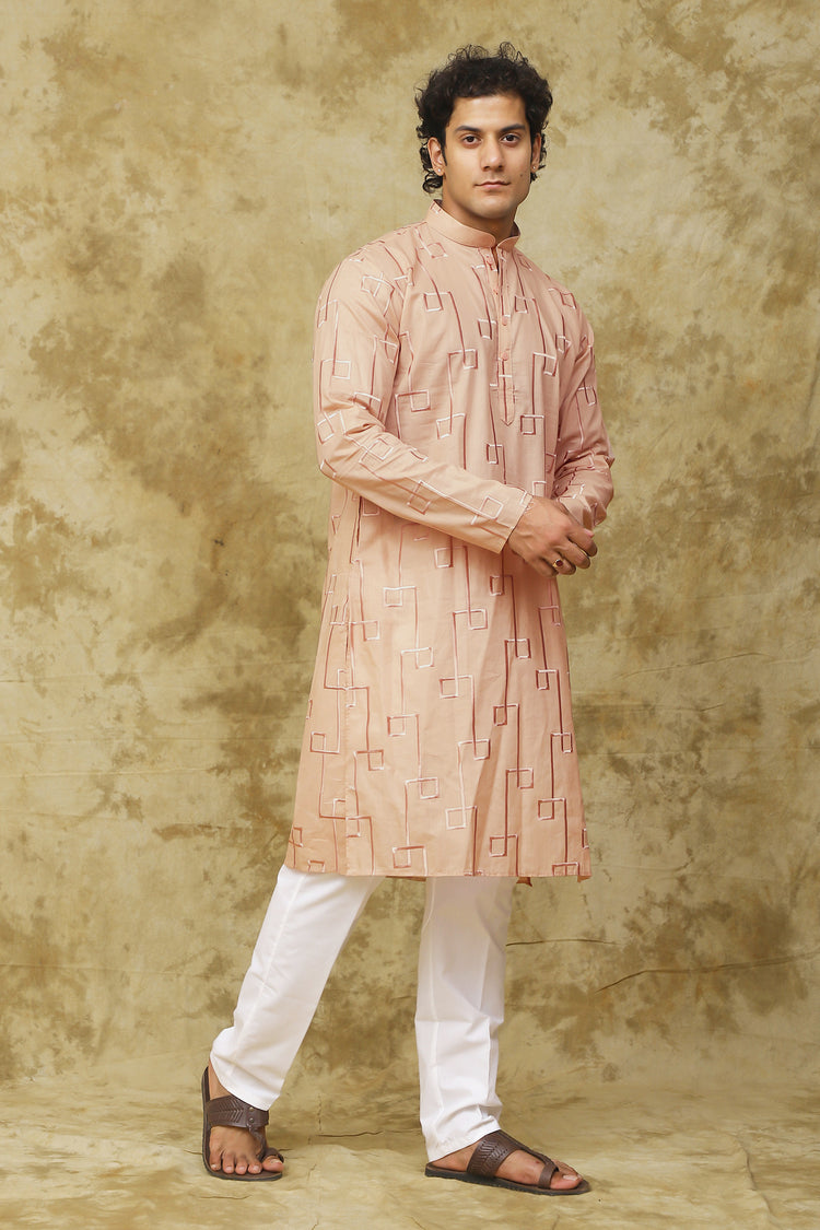 Bluesaanchi Men's Cotton Zari Embroidered Kurta Set - Peach Cream
