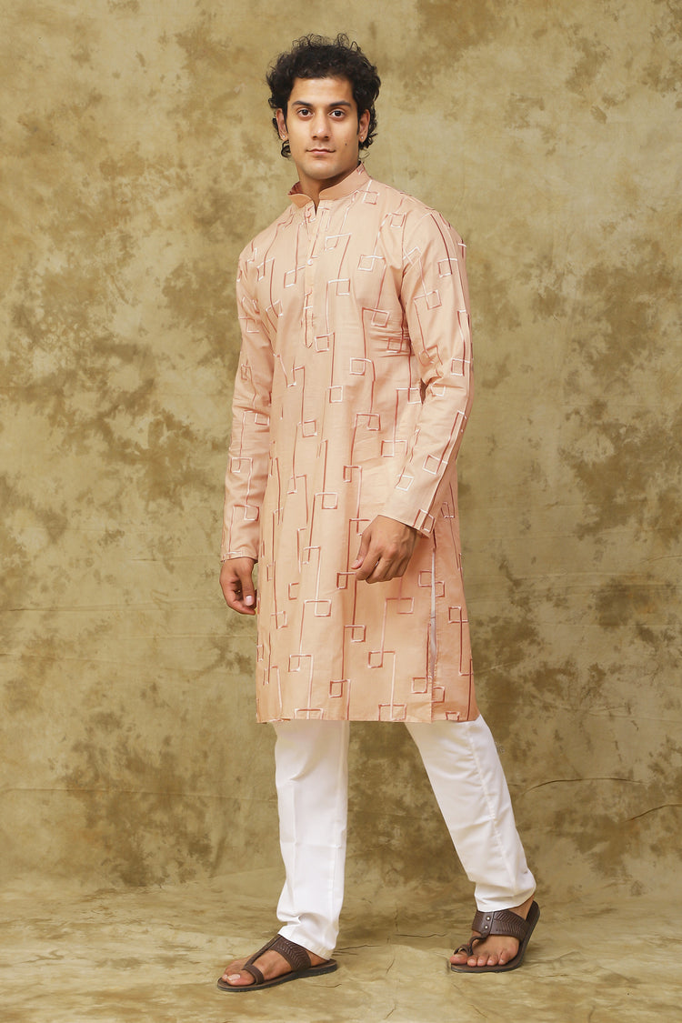 Bluesaanchi Men's Cotton Zari Embroidered Kurta Set - Peach Cream