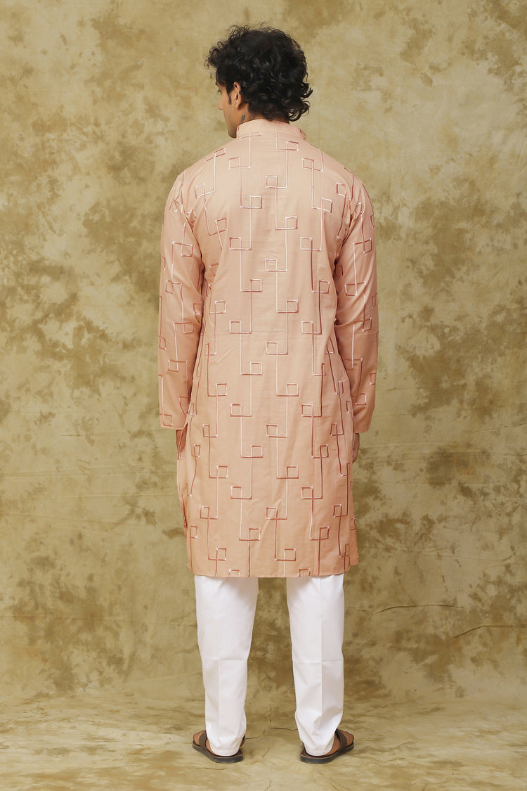 Bluesaanchi Men's Cotton Zari Embroidered Kurta Set - Peach Cream