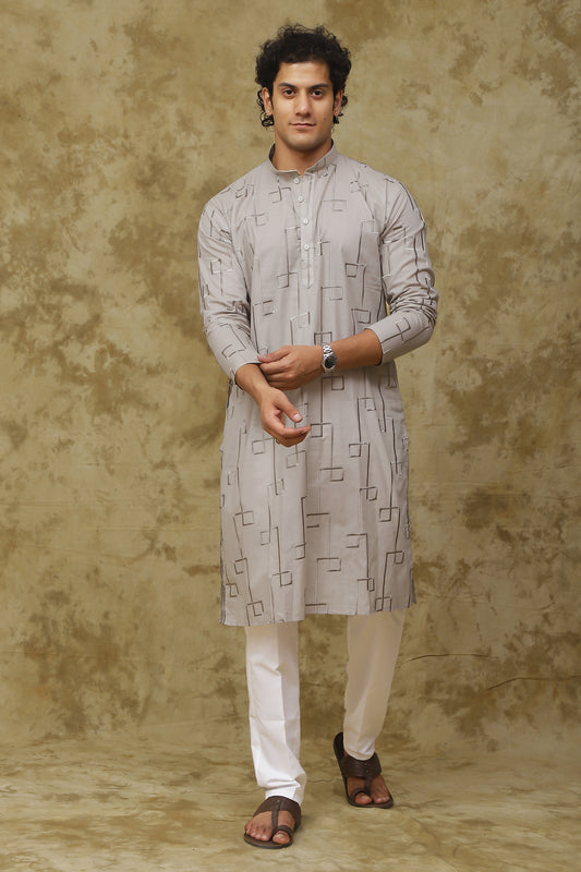 Bluesaanchi Men's Cotton Zari Embroidered Kurta Set - Grey
