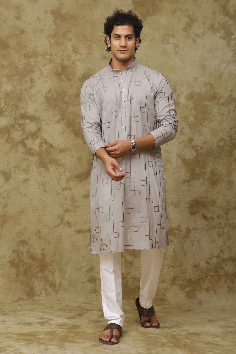 Bluesaanchi Men's Cotton Zari Embroidered Kurta Set - Grey