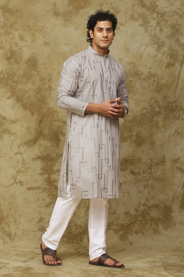 Bluesaanchi Men's Cotton Zari Embroidered Kurta Set - Grey