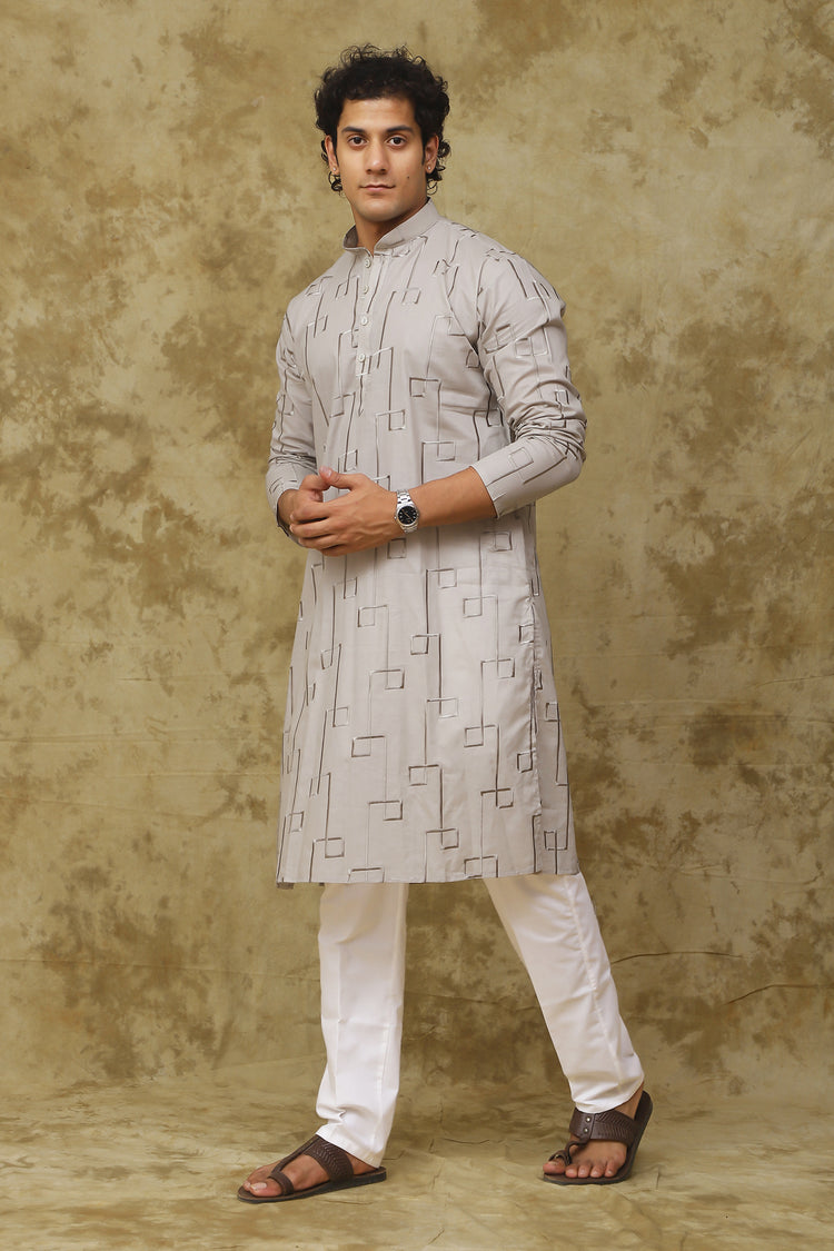 Bluesaanchi Men's Cotton Zari Embroidered Kurta Set - Grey
