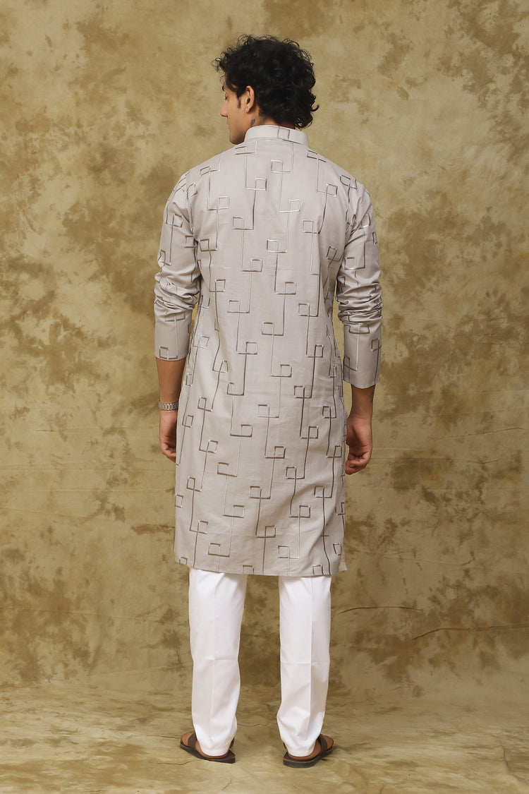 Bluesaanchi Men's Cotton Zari Embroidered Kurta Set - Grey