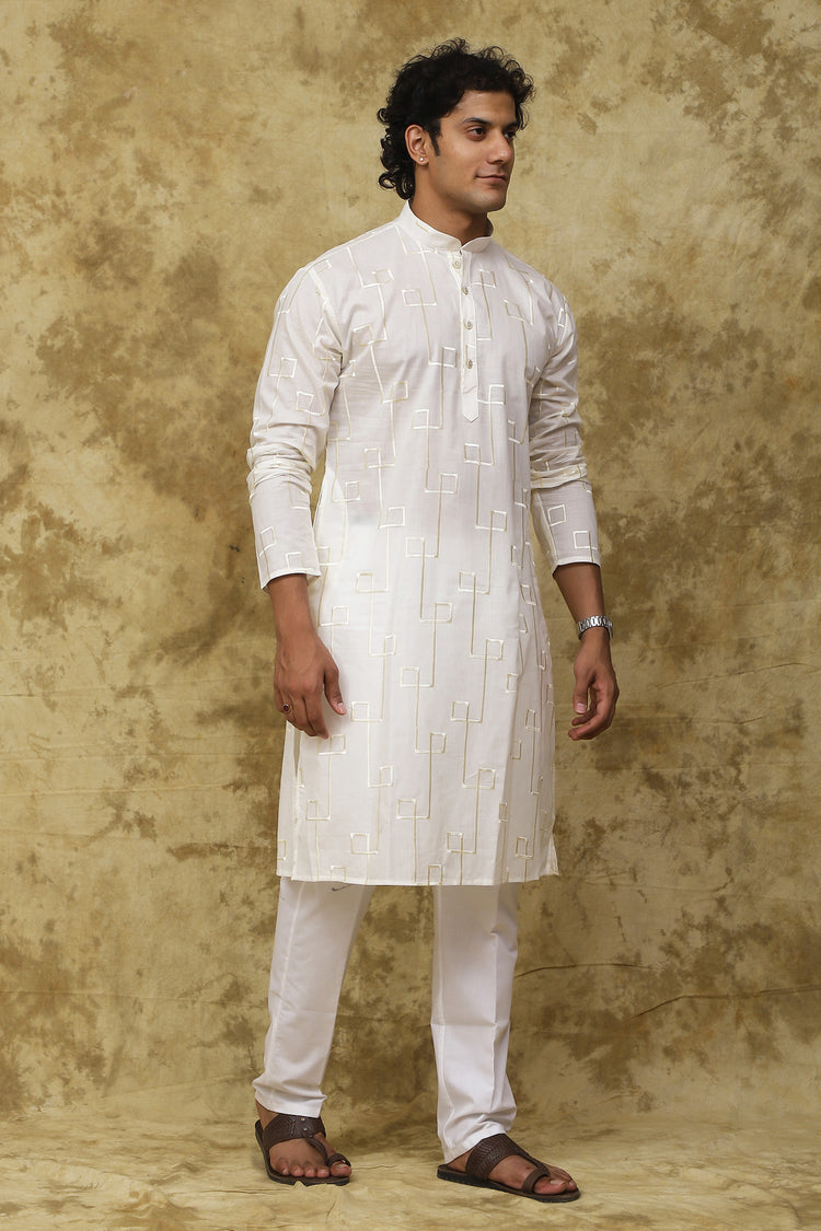 Bluesaanchi Men's Cotton Zari Embroidered Kurta Set - White
