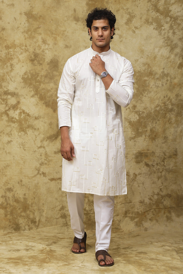 Bluesaanchi Men's Cotton Zari Embroidered Kurta Set - White