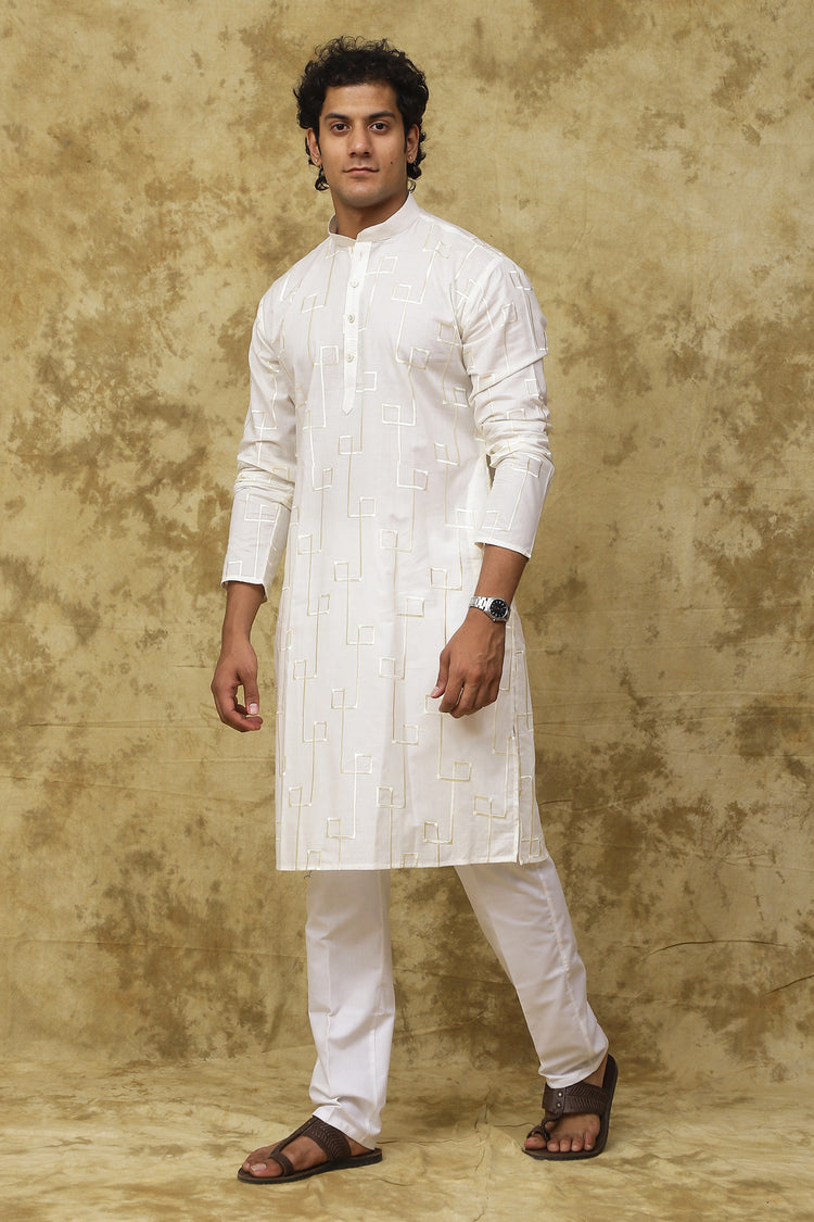 Bluesaanchi Men's Cotton Zari Embroidered Kurta Set - White