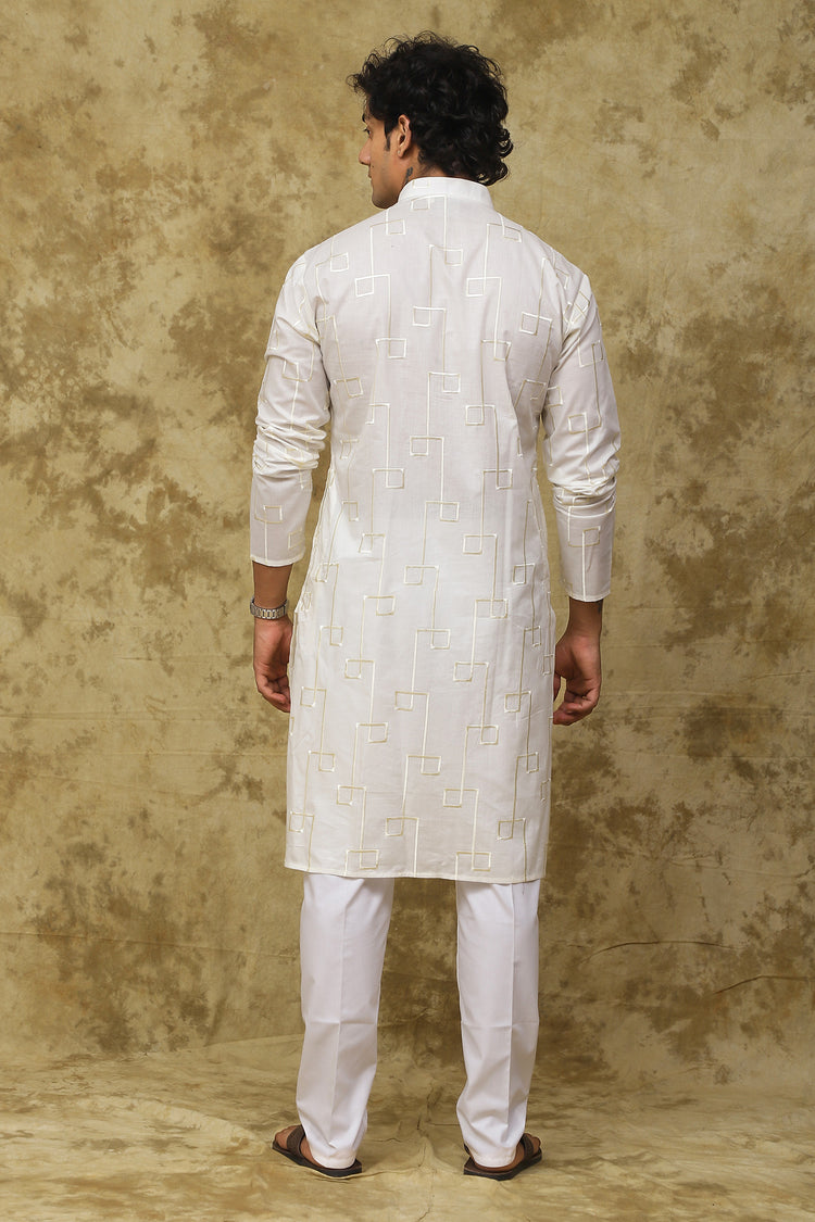Bluesaanchi Men's Cotton Zari Embroidered Kurta Set - White