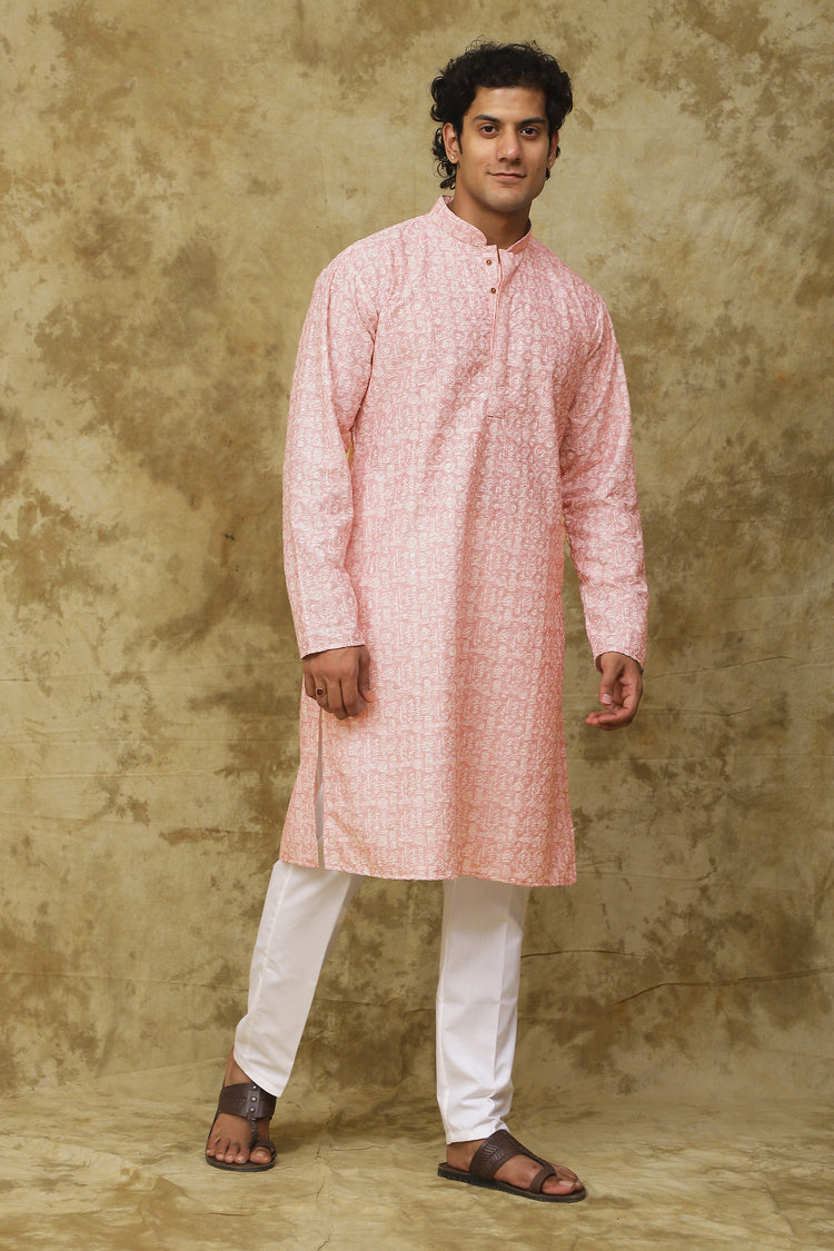 Bluesaanchi Men's Cotton Embroidered Kurta Set – Pink Sun Boota