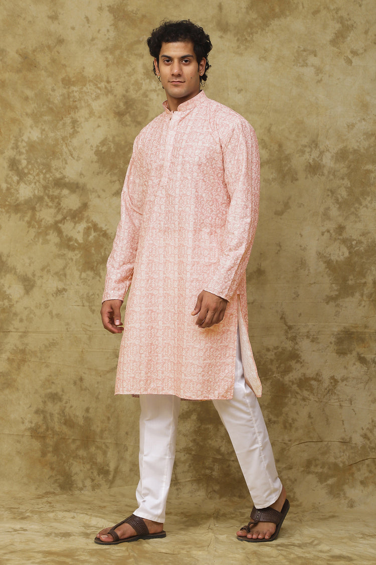 Bluesaanchi Men's Cotton Embroidered Kurta Set – Pink Sun Boota