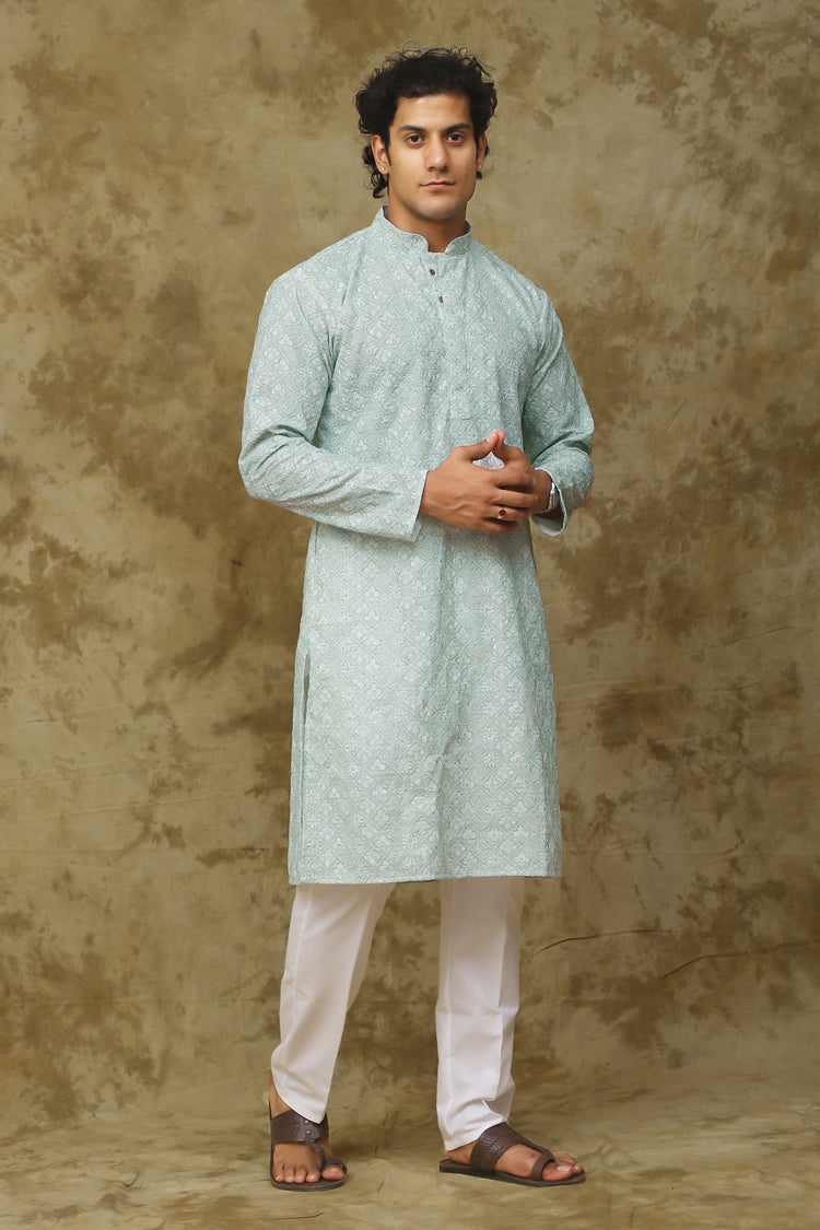 Bluesaanchi Men's Chikankari Embroidered Kurta Set - Light Green
