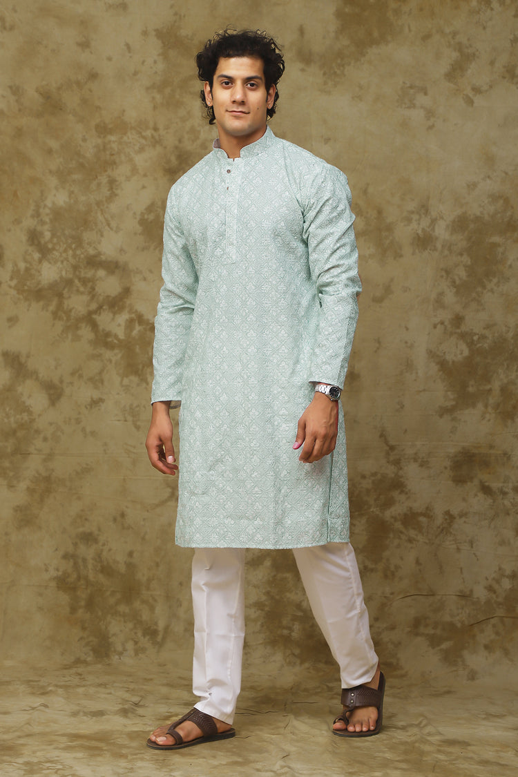 Bluesaanchi Men's Chikankari Embroidered Kurta Set - Light Green