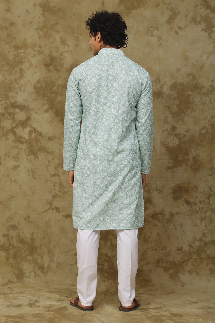 Bluesaanchi Men's Chikankari Embroidered Kurta Set - Light Green