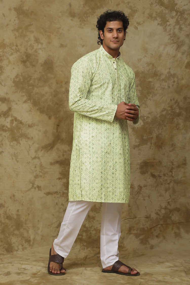 Bluesaanchi Men's Chikankari Embroidered Kurta Set - Lemon Yellow