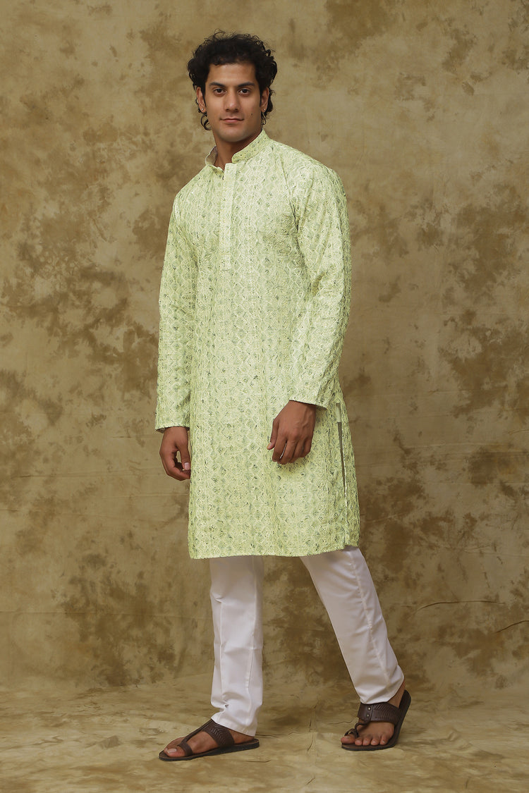 Bluesaanchi Men's Chikankari Embroidered Kurta Set - Lemon Yellow