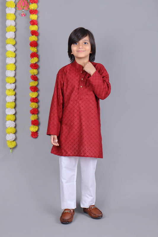 Red Chikankari Embroidery Kids Kurta Set – Elegant & Classic for Your Little One