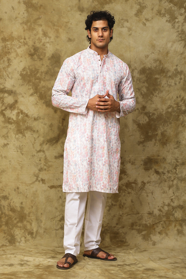 Bluesaanchi Men's Chikankari Embroidered Kurta Set - White & Pink