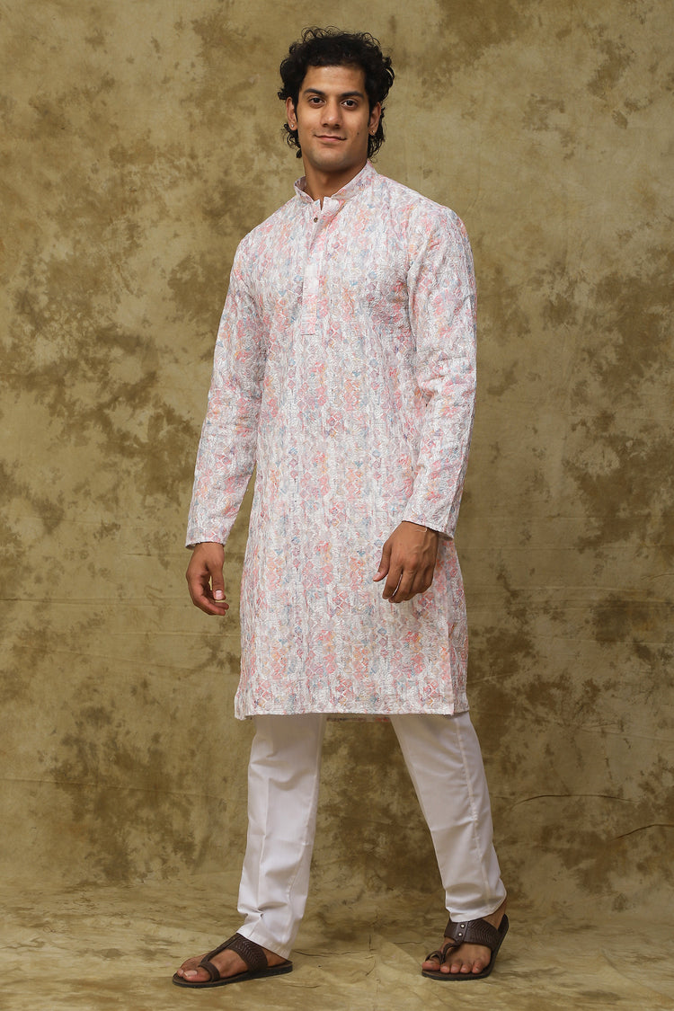Bluesaanchi Men's Chikankari Embroidered Kurta Set - White & Pink