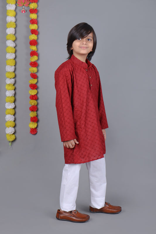 Red Chikankari Embroidery Kids Kurta Set – Elegant & Classic for Your Little One