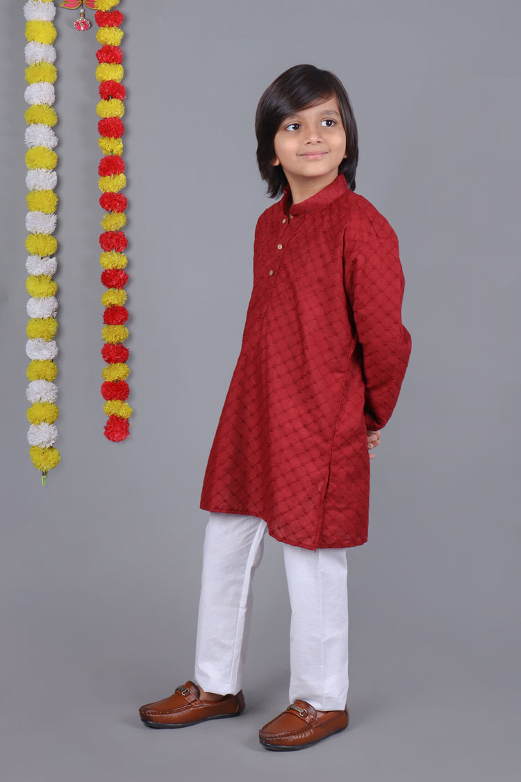 Red Chikankari Embroidery Kids Kurta Set – Elegant & Classic for Your Little One