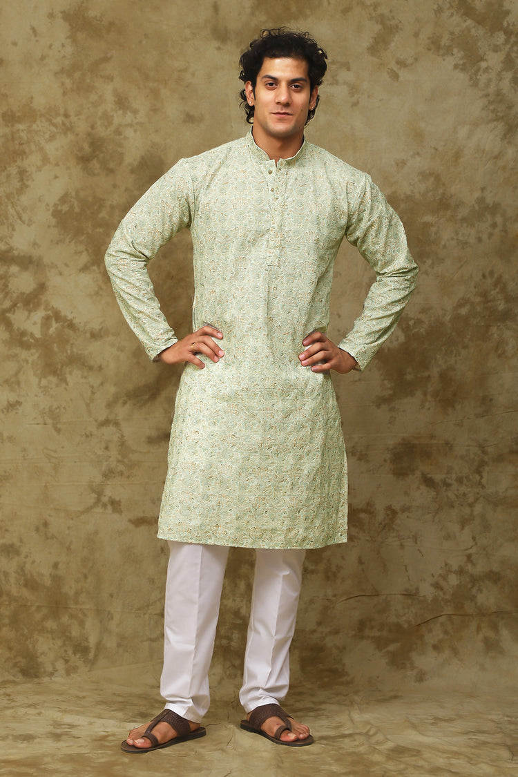 Bluesaanchi Men's Chikankari Embroidered Kurta Set - Green White