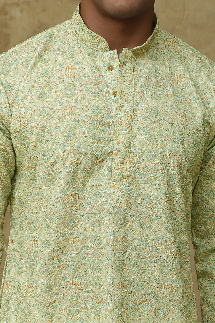 Bluesaanchi Men's Chikankari Embroidered Kurta Set - Green White