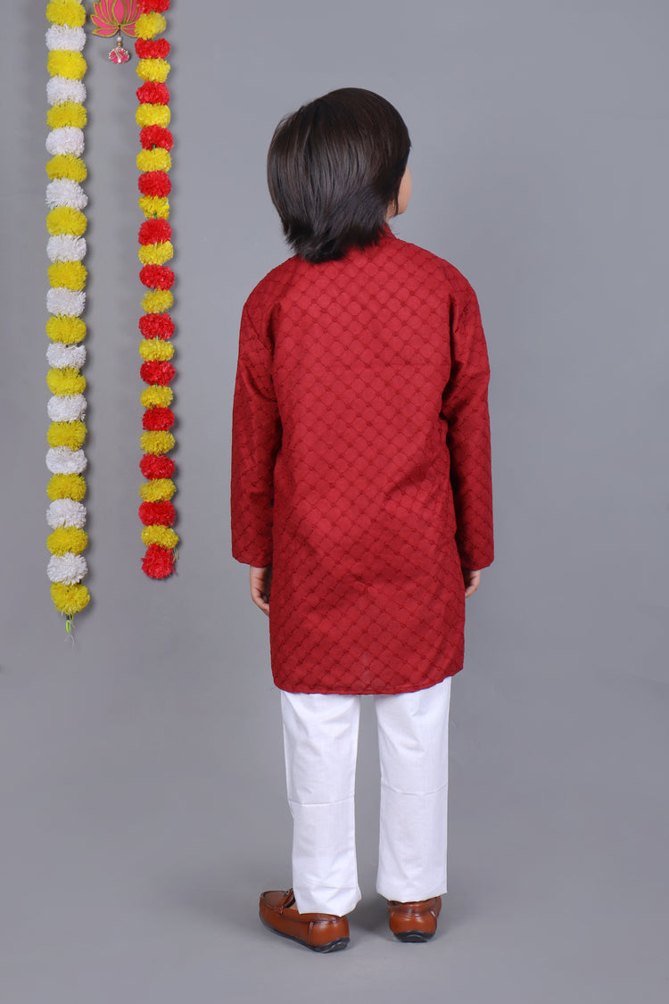 Red Chikankari Embroidery Kids Kurta Set – Elegant & Classic for Your Little One