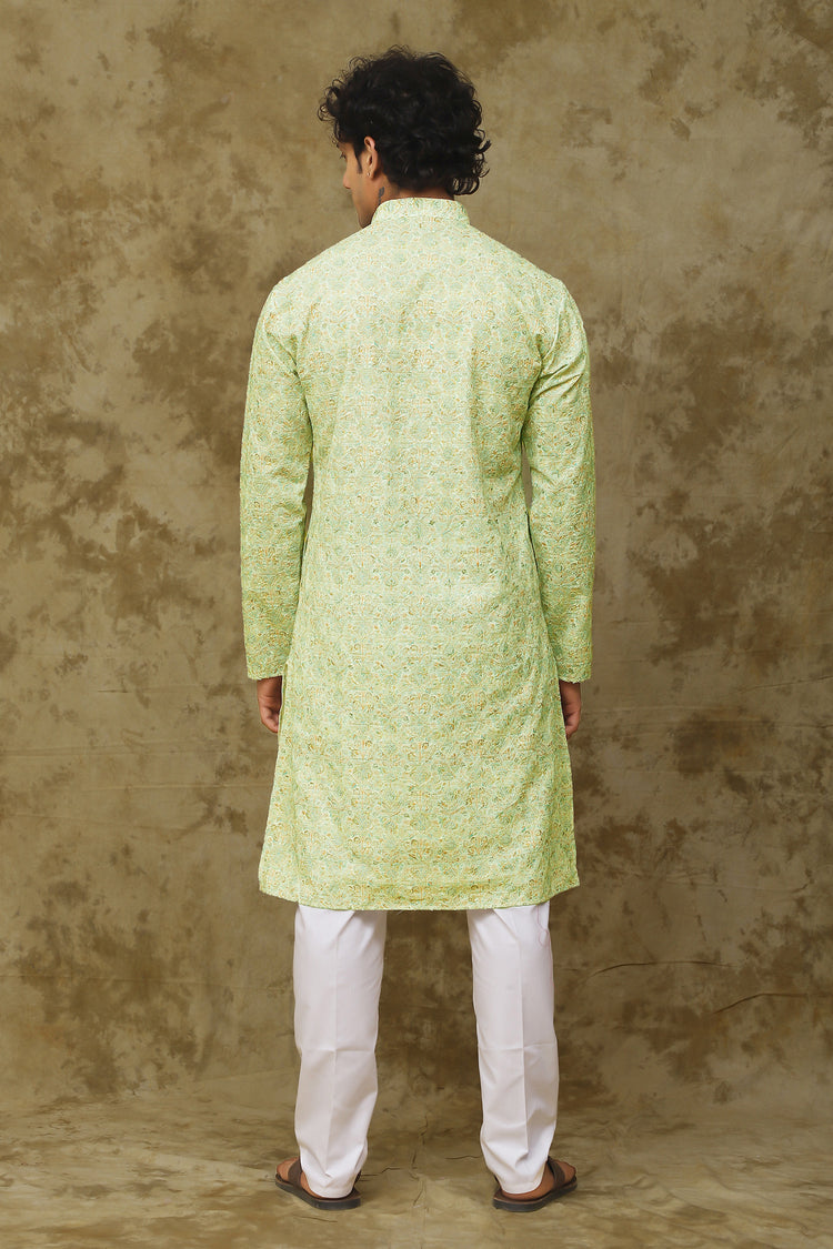 Bluesaanchi Men's Chikankari Embroidered Kurta Set - Green White