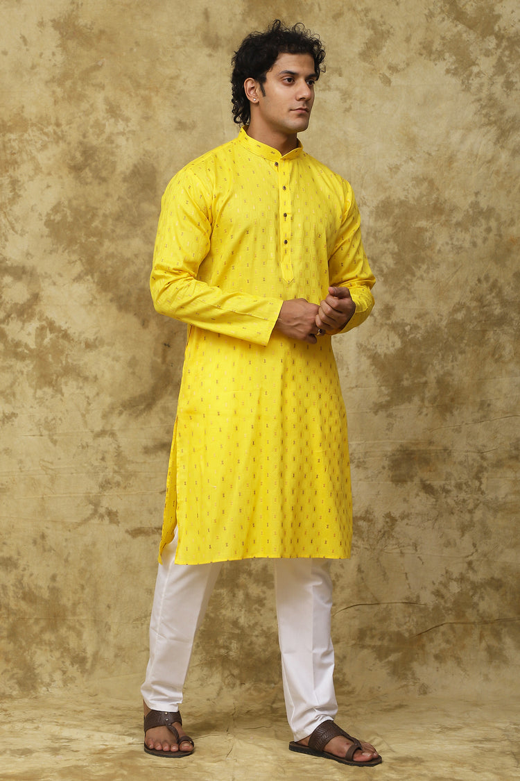 Bluesaanchi Men's Cotton Embroidered Kurta Set – Yellow Boota
