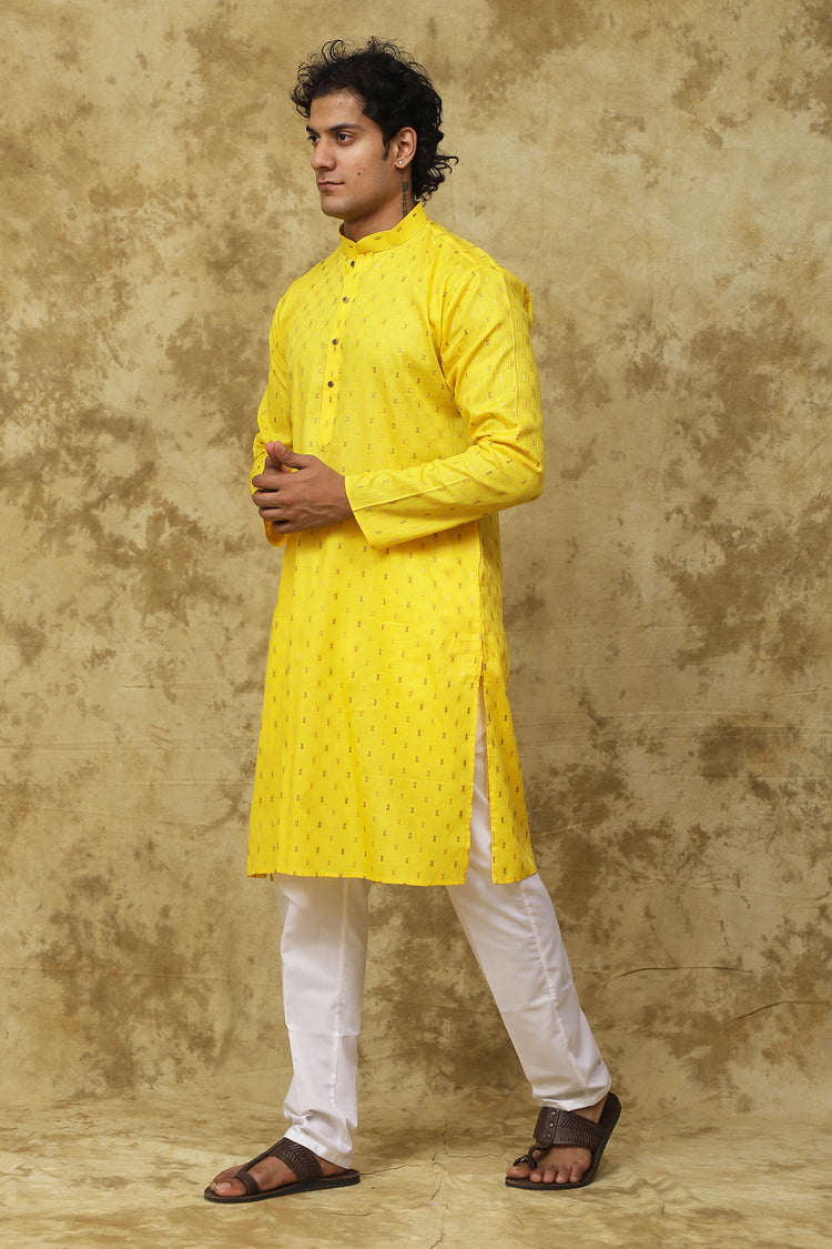 Bluesaanchi Men's Cotton Embroidered Kurta Set – Yellow Boota