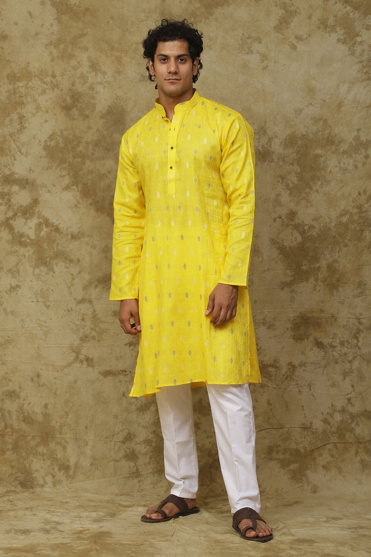 Bluesaanchi Men's Cotton Printed Kurta Set – Yellow Geometric