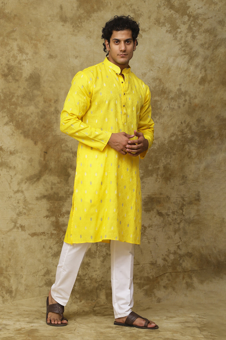 Bluesaanchi Men's Cotton Printed Kurta Set – Yellow Geometric