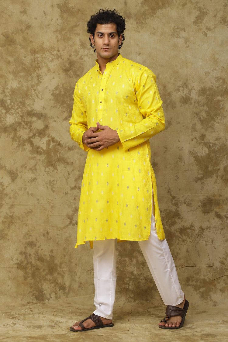 Bluesaanchi Men's Cotton Printed Kurta Set – Yellow Geometric