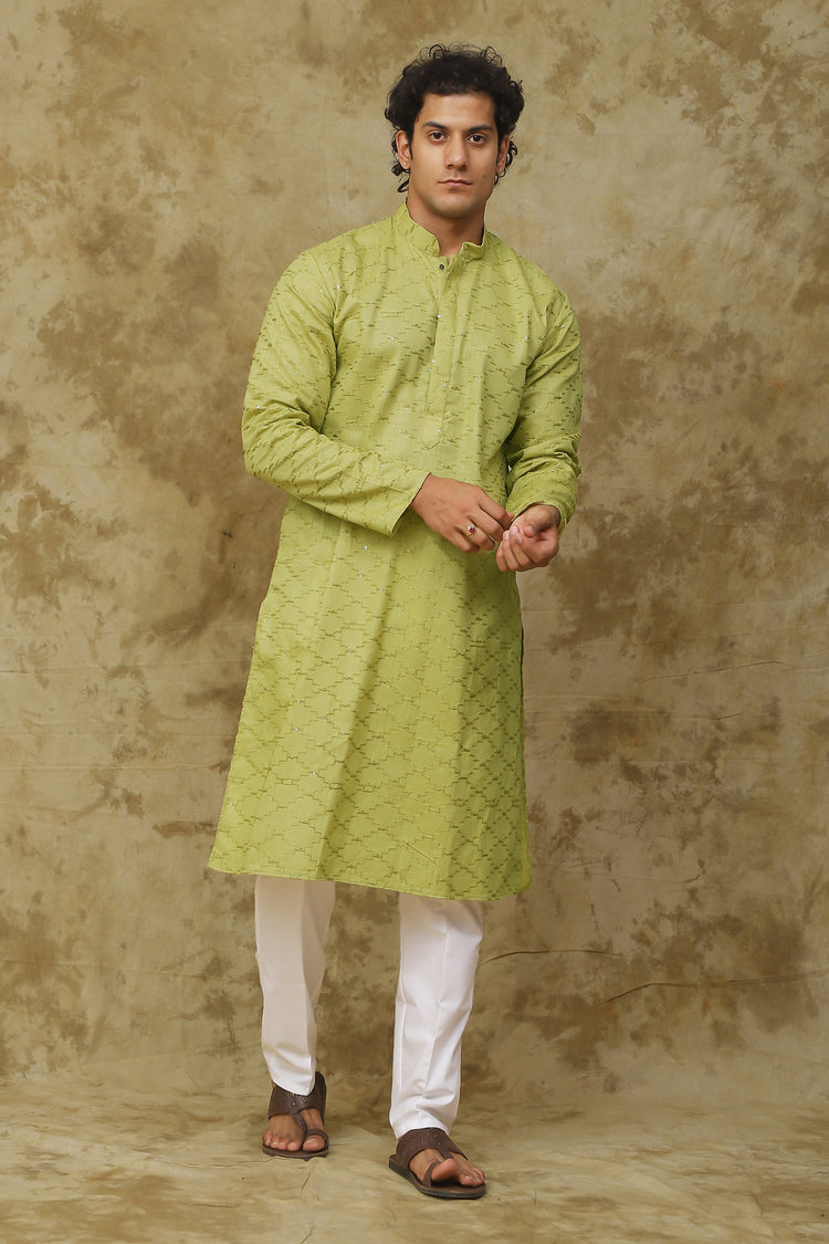 Bluesaanchi Men's Mehendi Brick Zigzag Embroidered Kurta Set