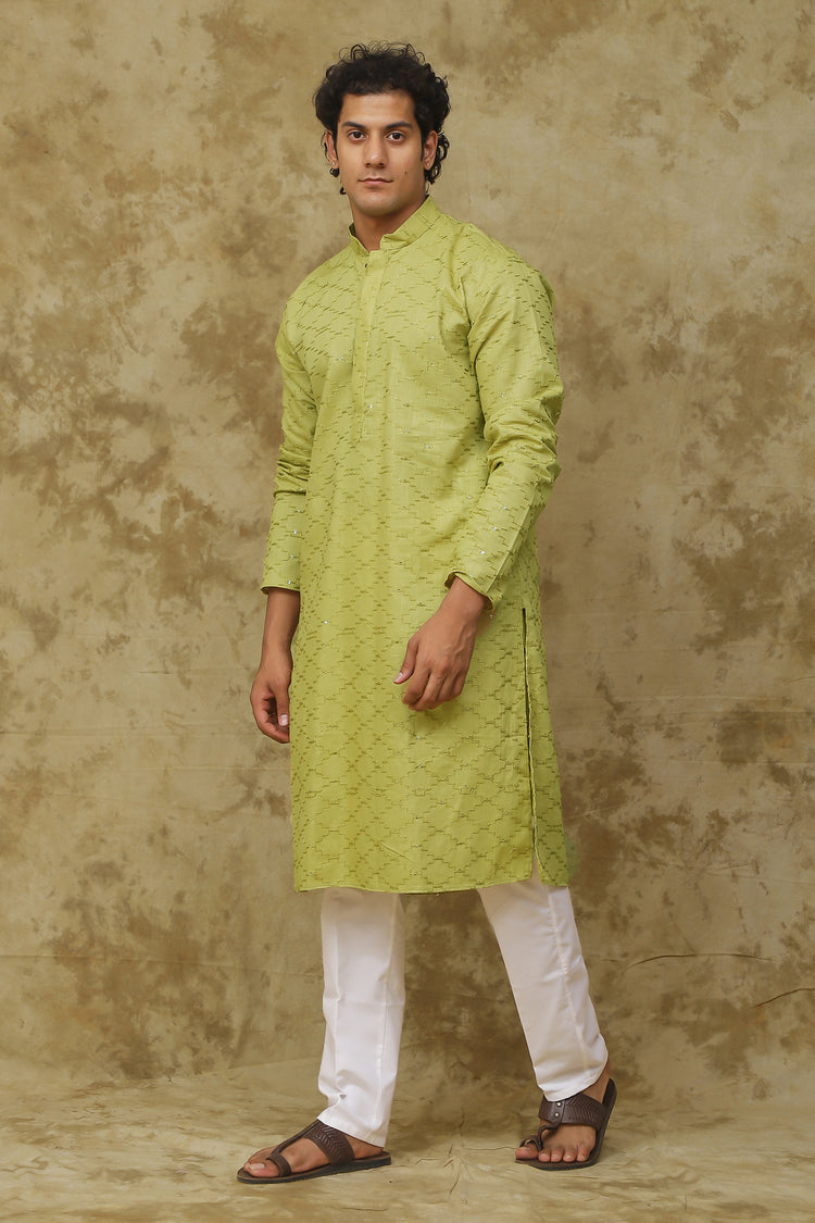 Bluesaanchi Men's Mehendi Brick Zigzag Embroidered Kurta Set