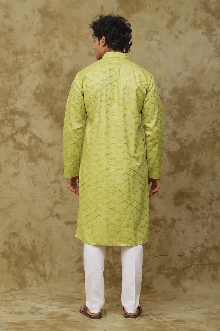 Bluesaanchi Men's Mehendi Brick Zigzag Embroidered Kurta Set