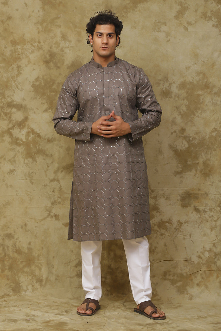 Bluesaanchi Men's Mud Octagon Sequin Threadwork Kurta Set