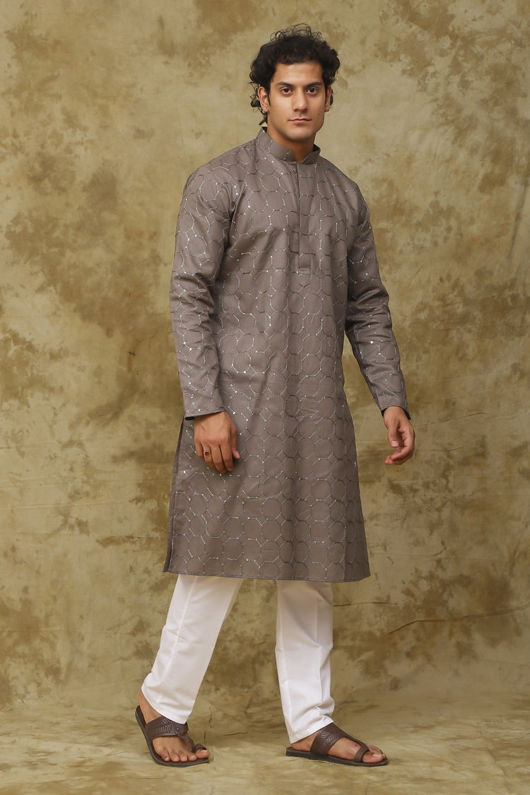 Bluesaanchi Men's Mud Octagon Sequin Threadwork Kurta Set