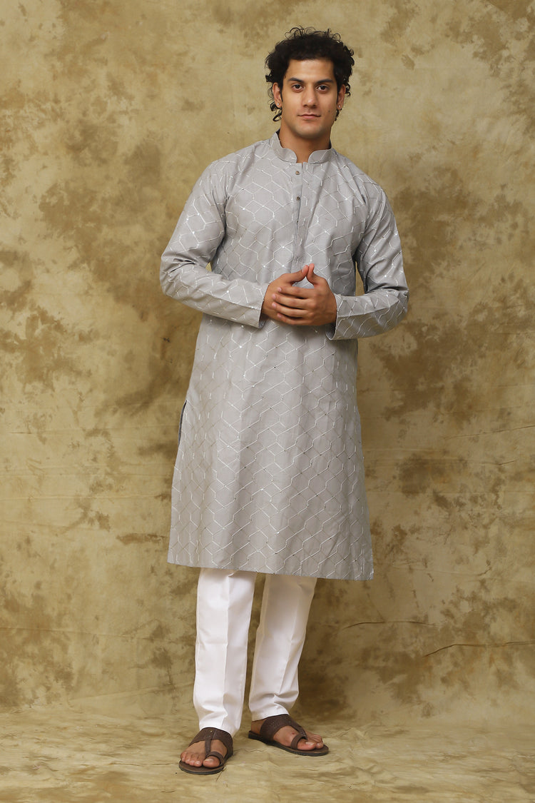 Bluesaanchi Men's Linen Threadwork Kurta Set - Creamy Grey